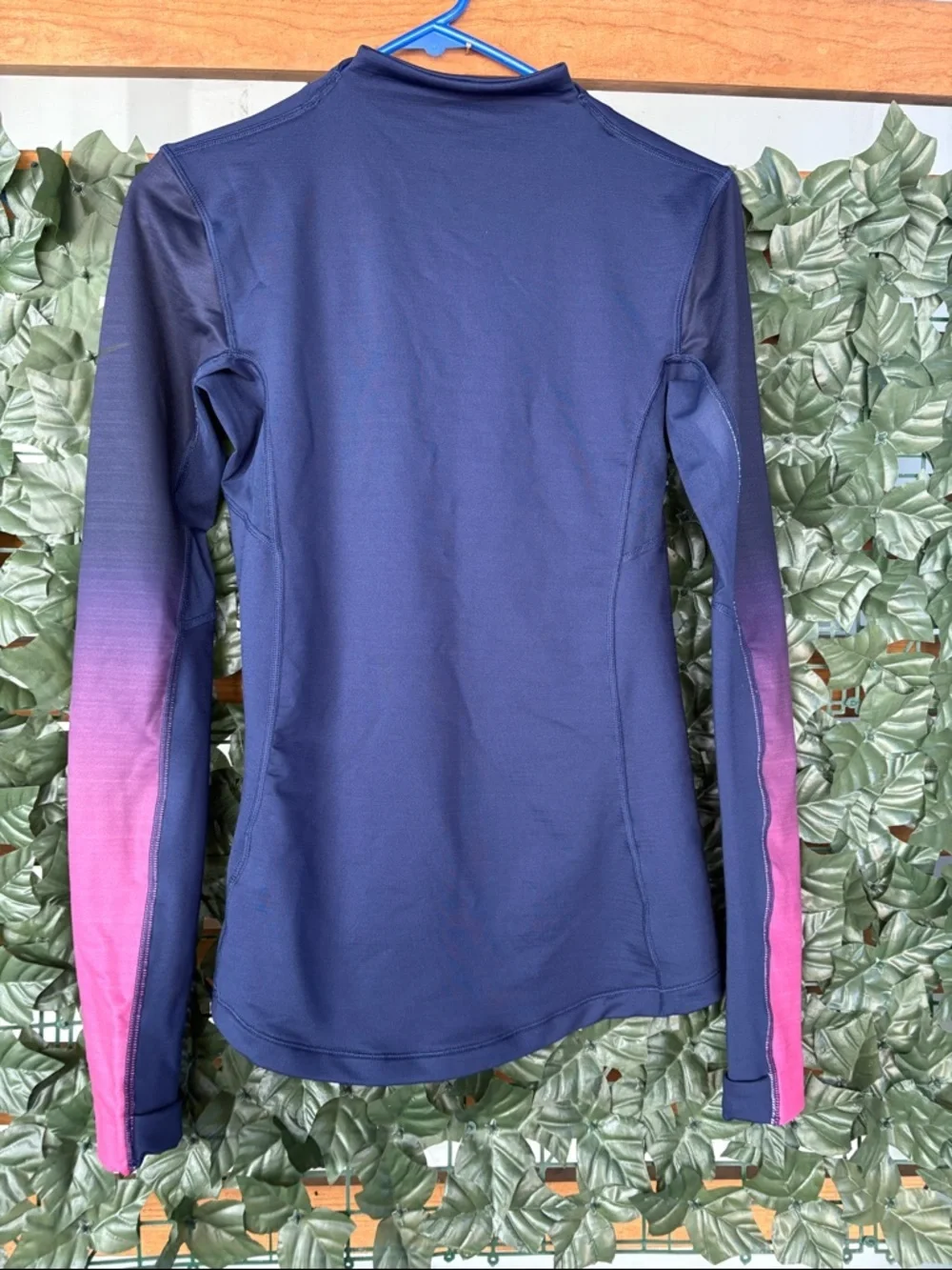 Nike Women's Navy Long Sleeve Performance Top with Pink Ombre Sleeves, size M